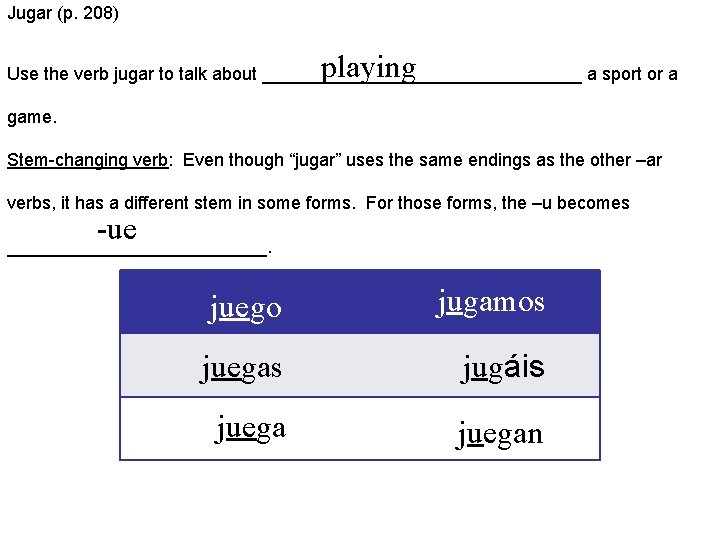 Jugar (p. 208) playing Use the verb jugar to talk about ________________ a sport