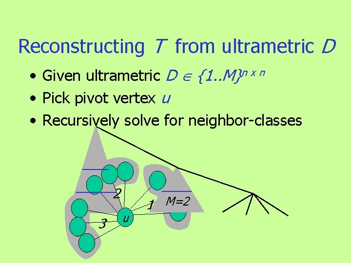 Reconstructing T from ultrametric D • Given ultrametric D {1. . M}n x n