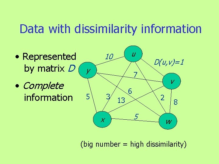 Data with dissimilarity information • Represented by matrix D • Complete information u 10