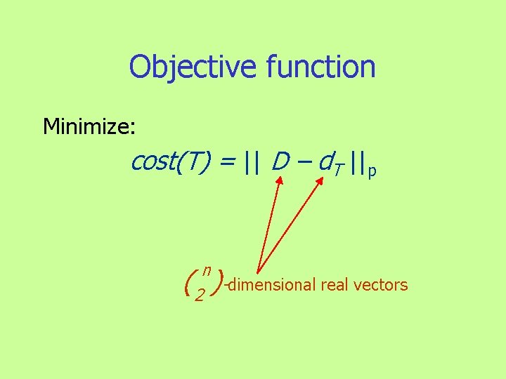 Objective function Minimize: cost(T) = || D – d. T ||p n -dimensional real