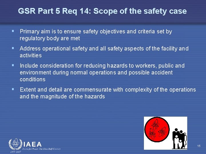 GSR Part 5 Req 14: Scope of the safety case § Primary aim is