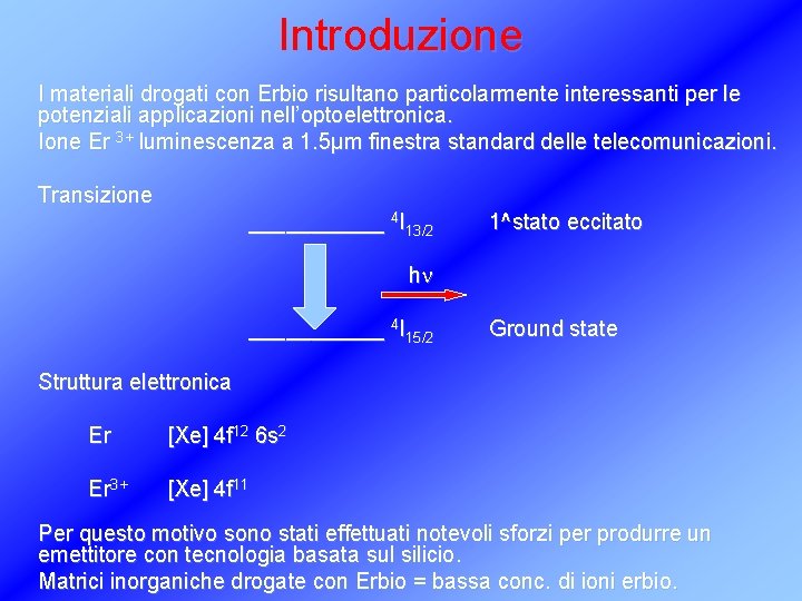 Introduzione I materiali drogati con Erbio risultano particolarmente interessanti per le potenziali applicazioni nell’optoelettronica.