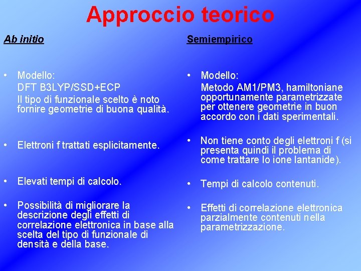 Approccio teorico Ab initio Semiempirico • Modello: DFT B 3 LYP/SSD+ECP Il tipo di