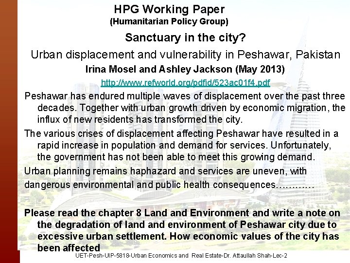 HPG Working Paper (Humanitarian Policy Group) Sanctuary in the city? Urban displacement and vulnerability
