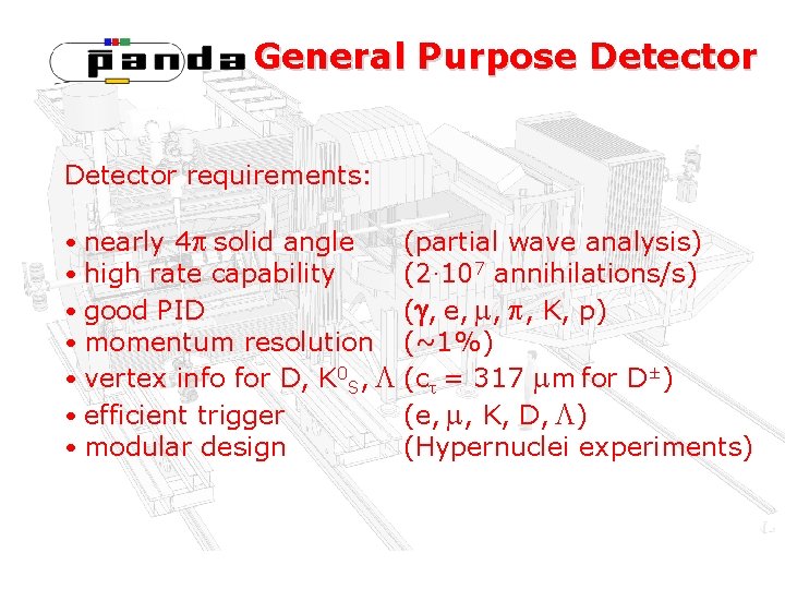 General Purpose Detector requirements: • nearly 4 solid angle (partial wave analysis) • high