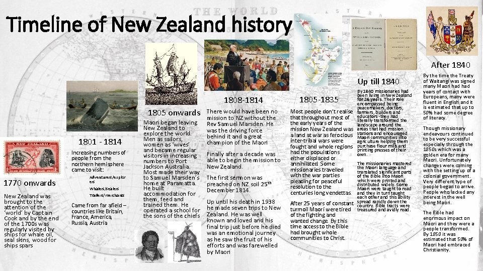 Timeline of New Zealand history After 1840 Up till 1840 1808 -1814 1805 onwards