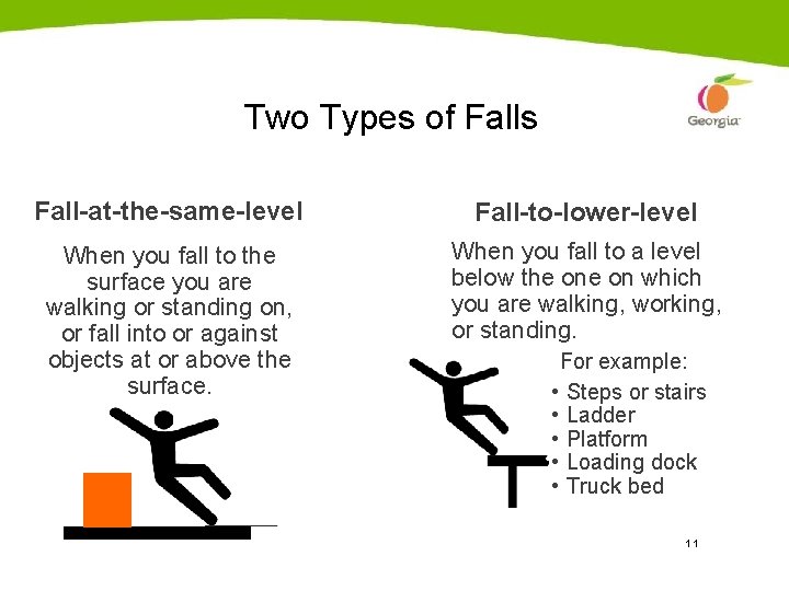 Two Types of Falls Fall-at-the-same-level Fall-to-lower-level When you fall to the surface you are