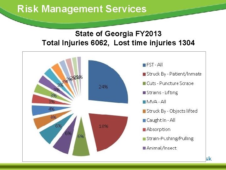 Risk Management Services State of Georgia FY 2013 Total Injuries 6062, Lost time injuries