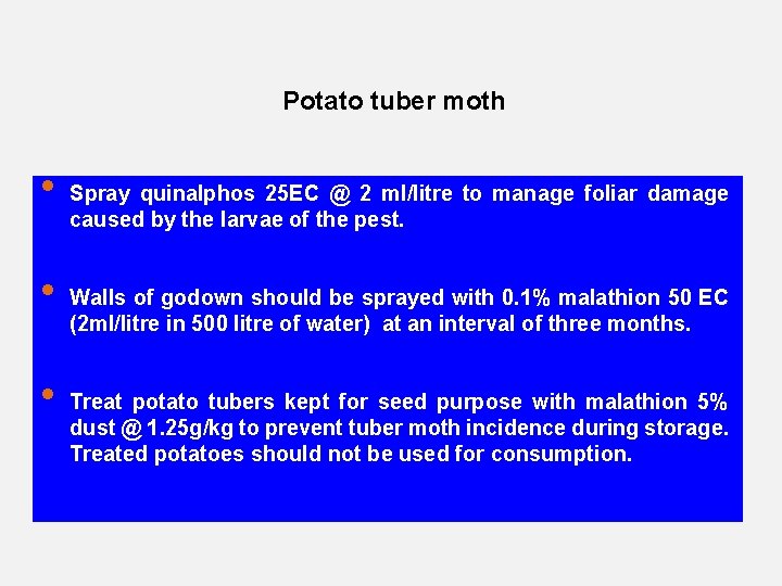 Potato tuber moth • • • Spray quinalphos 25 EC @ 2 ml/litre to