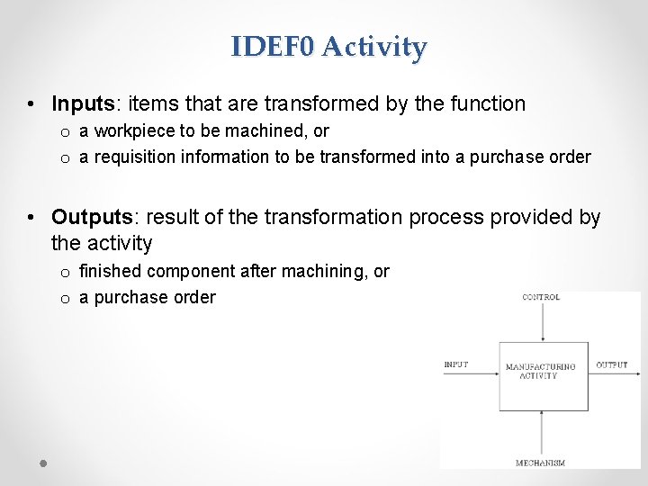 IDEF 0 Activity • Inputs: items that are transformed by the function o a