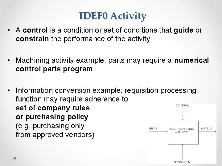 IDEF 0 Activity • A control is a condition or set of conditions that