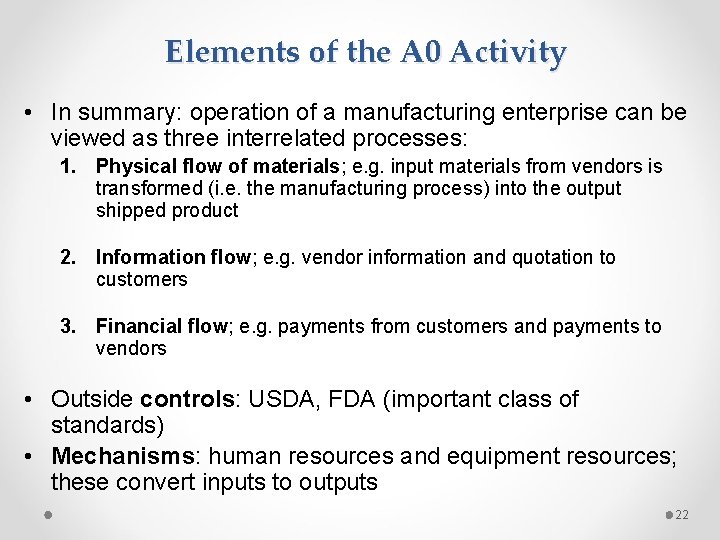 Elements of the A 0 Activity • In summary: operation of a manufacturing enterprise