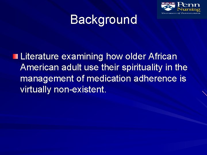 Background Literature examining how older African American adult use their spirituality in the management