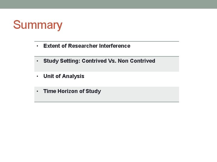 Summary • Extent of Researcher Interference • Study Setting: Contrived Vs. Non Contrived •