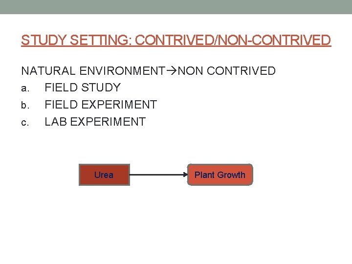 STUDY SETTING: CONTRIVED/NON-CONTRIVED NATURAL ENVIRONMENT NON CONTRIVED a. FIELD STUDY b. FIELD EXPERIMENT c.