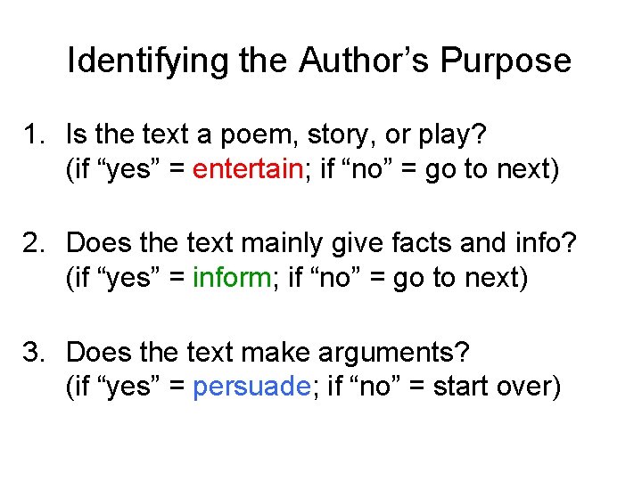 Identifying the Author’s Purpose 1. Is the text a poem, story, or play? (if