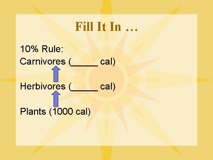 Fill It In … 10% Rule: Carnivores (_____ cal) Herbivores (_____ cal) Plants (1000