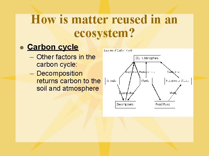 How is matter reused in an ecosystem? l Carbon cycle – Other factors in