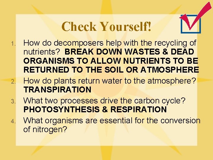 Check Yourself! 1. 2. 3. 4. How do decomposers help with the recycling of