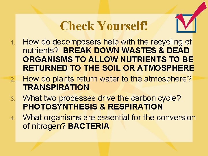 Check Yourself! 1. 2. 3. 4. How do decomposers help with the recycling of