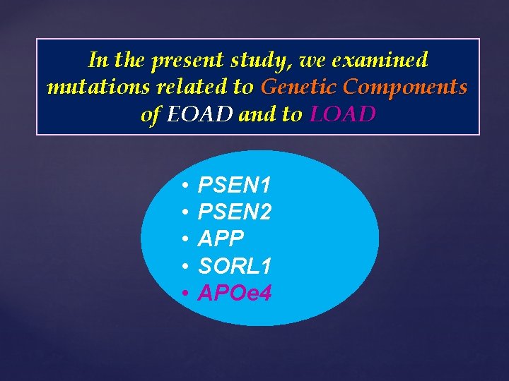 In the present study, we examined mutations related to Genetic Components of EOAD and