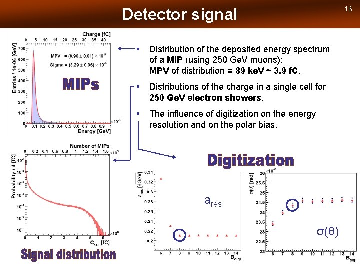 16 Detector signal § Distribution of the deposited energy spectrum of a MIP (using