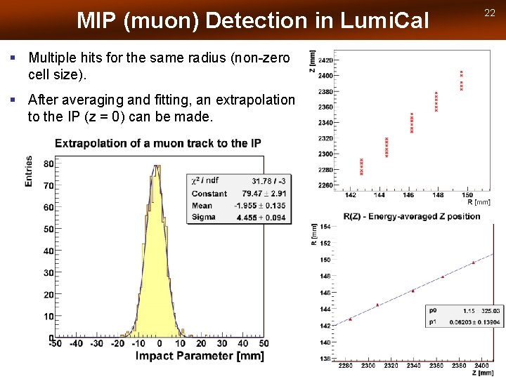 MIP (muon) Detection in Lumi. Cal § Multiple hits for the same radius (non-zero
