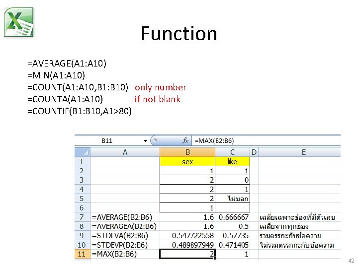 Function =AVERAGE(A 1: A 10) =MIN(A 1: A 10) =COUNT(A 1: A 10, B