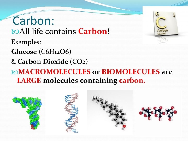 Carbon: All life contains Carbon! Examples: Glucose (C 6 H 12 O 6) &