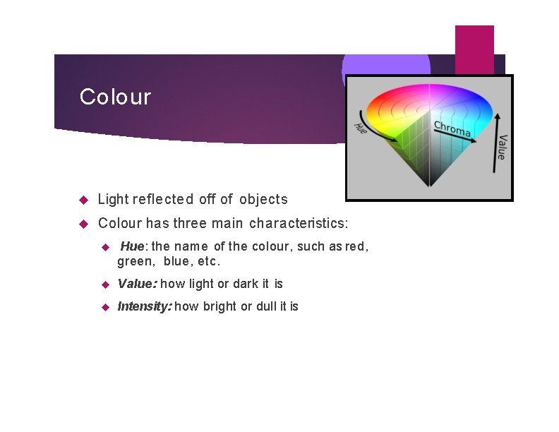 Colour Light reflected off of objects Colour has three main characteristics: Hue: the name