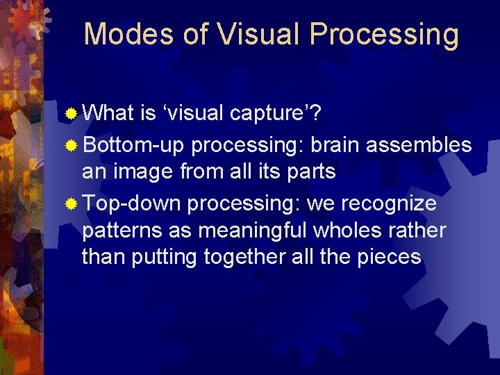 Modes of Visual Processing ® What is ‘visual capture’? ® Bottom-up processing: brain assembles