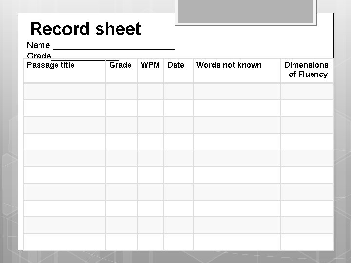 Record sheet Name _____________ Grade_______ Passage title Grade WPM Date Words not known Dimensions