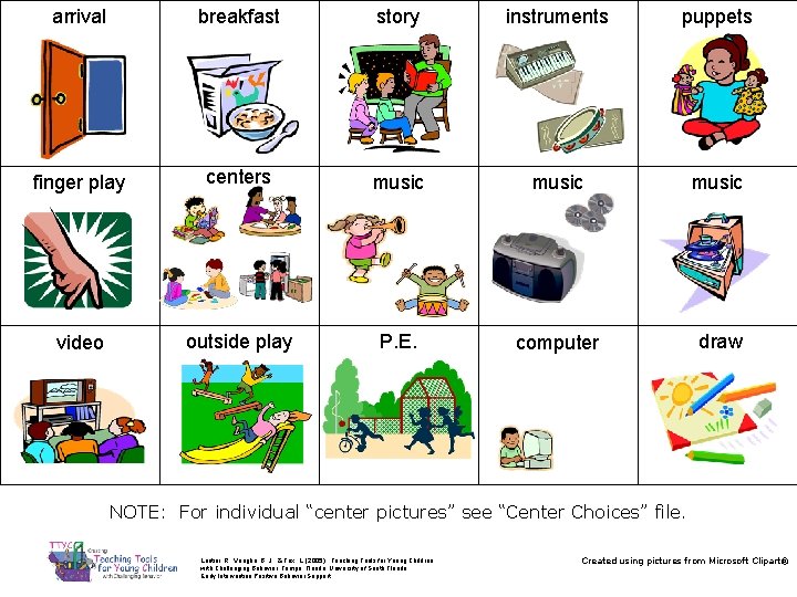 arrival breakfast story instruments puppets finger play centers music video outside play P. E.