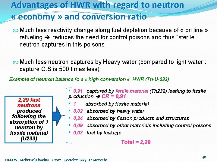 Advantages of HWR with regard to neutron « economy » and conversion ratio Much