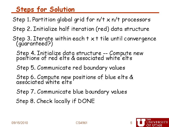 Steps for Solution Step 1. Partition global grid for n/t x n/t processors Step