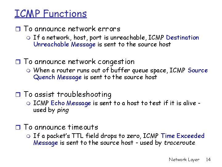 ICMP Functions r To announce network errors m If a network, host, port is
