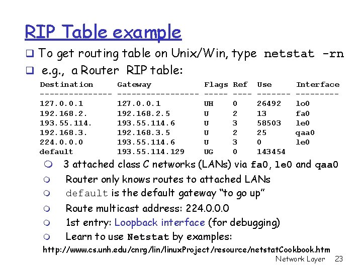 RIP Table example q To get routing table on Unix/Win, type netstat -rn q