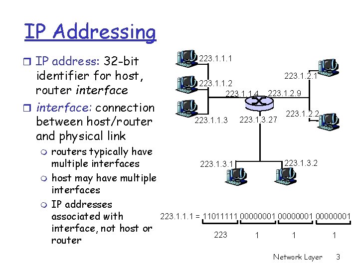 IP Addressing r IP address: 32 -bit identifier for host, router interface: connection between