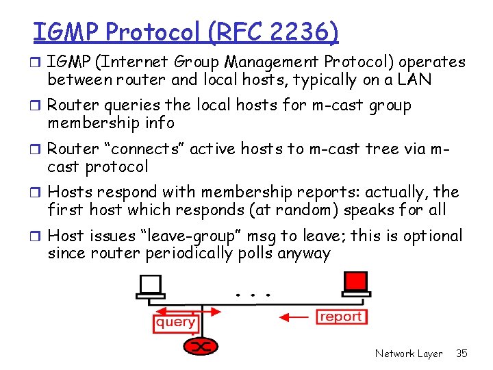 IGMP Protocol (RFC 2236) r IGMP (Internet Group Management Protocol) operates between router and