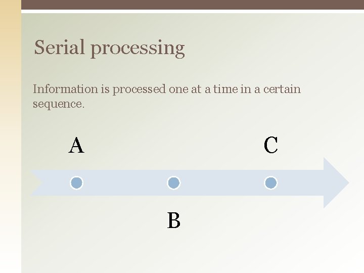 Serial processing Information is processed one at a time in a certain sequence. A