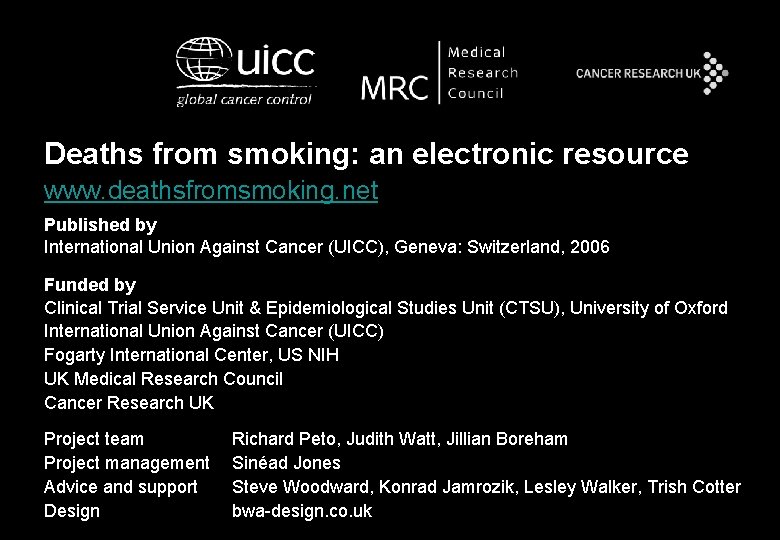 Deaths from smoking: an electronic resource www. deathsfromsmoking. net Published by International Union Against