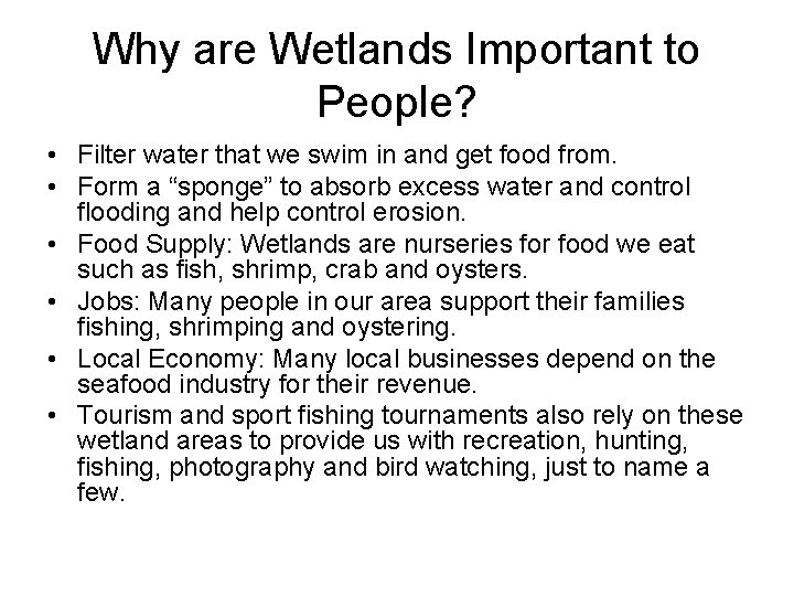 Why are Wetlands Important to People? • Filter water that we swim in and