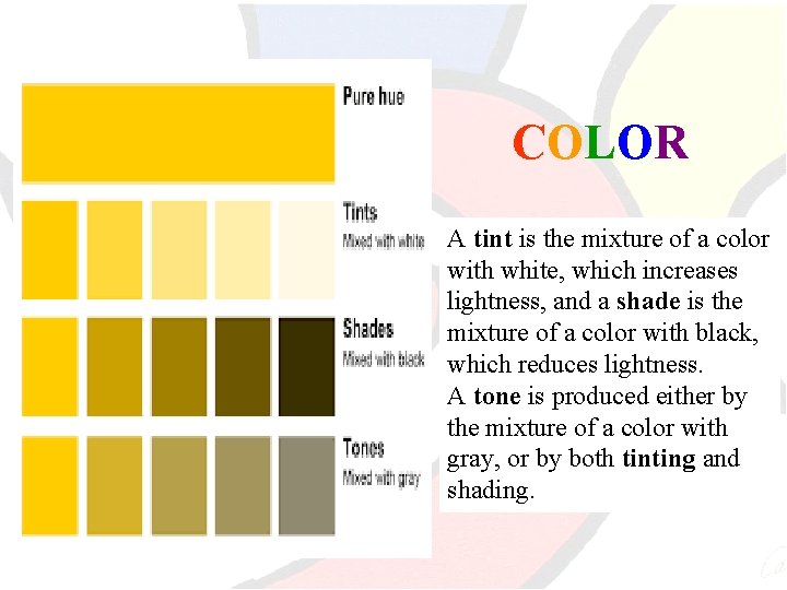 COLOR A tint is the mixture of a color with white, which increases lightness,