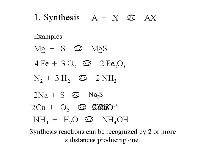 1. Synthesis A + X a AX Examples: Mg + S a Mg. S 1. Synthesis A + X a AX Examples: Mg + S a Mg. S