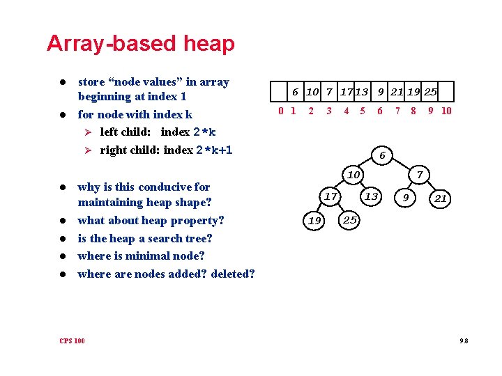 Array-based heap l l l l store “node values” in array beginning at index