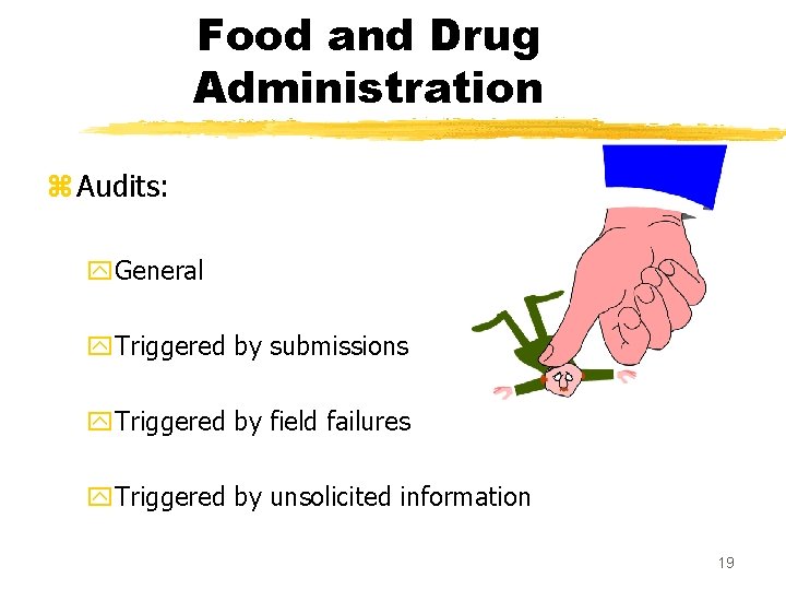 Food and Drug Administration z Audits: y. General y. Triggered by submissions y. Triggered