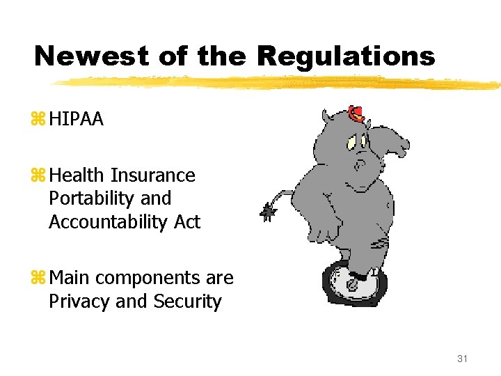 Newest of the Regulations z HIPAA z Health Insurance Portability and Accountability Act z