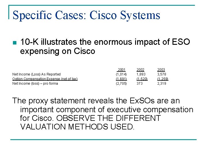 Specific Cases: Cisco Systems n 10 -K illustrates the enormous impact of ESO expensing