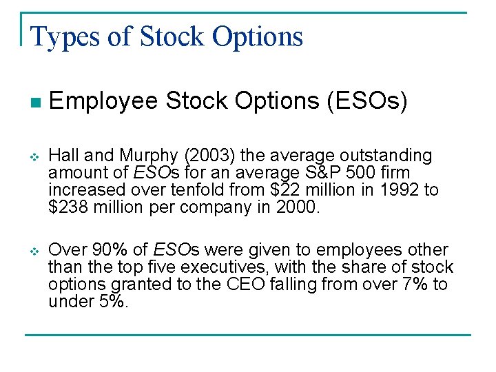 Types of Stock Options n Employee Stock Options (ESOs) v Hall and Murphy (2003)