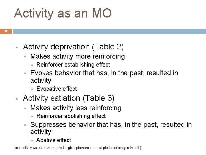 Activity as an MO 38 § Activity deprivation (Table 2) § Makes activity more
